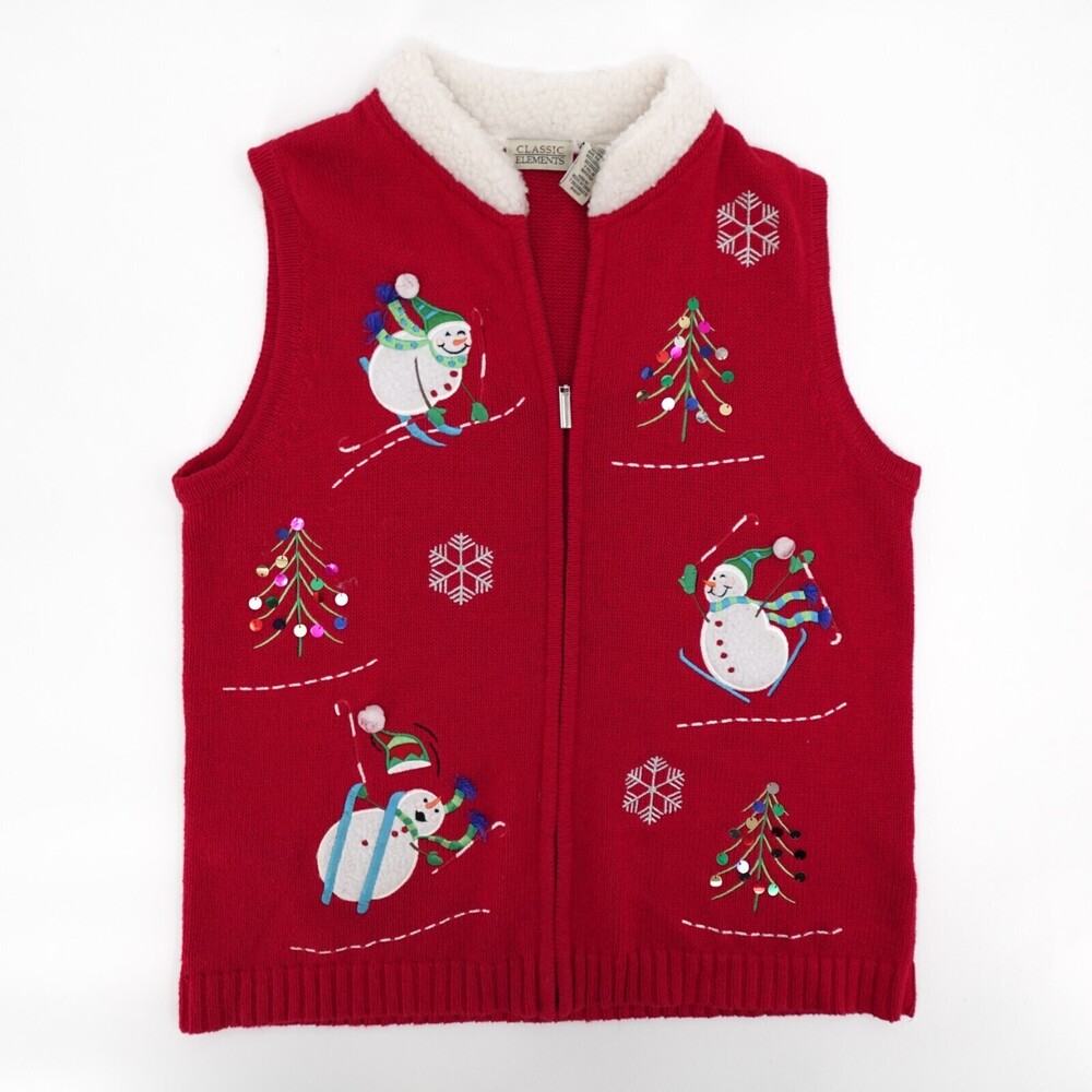 Vintage Christmas Sweater Vest Womens Small Red Snowman Full Zip Sleeveless